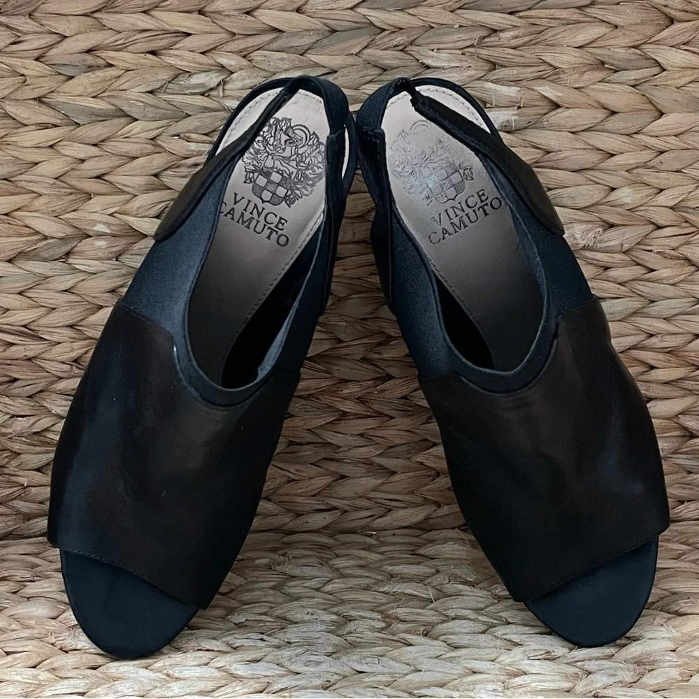 Vince Camuto Open Toe‎ Wedge Booties Black Leather
